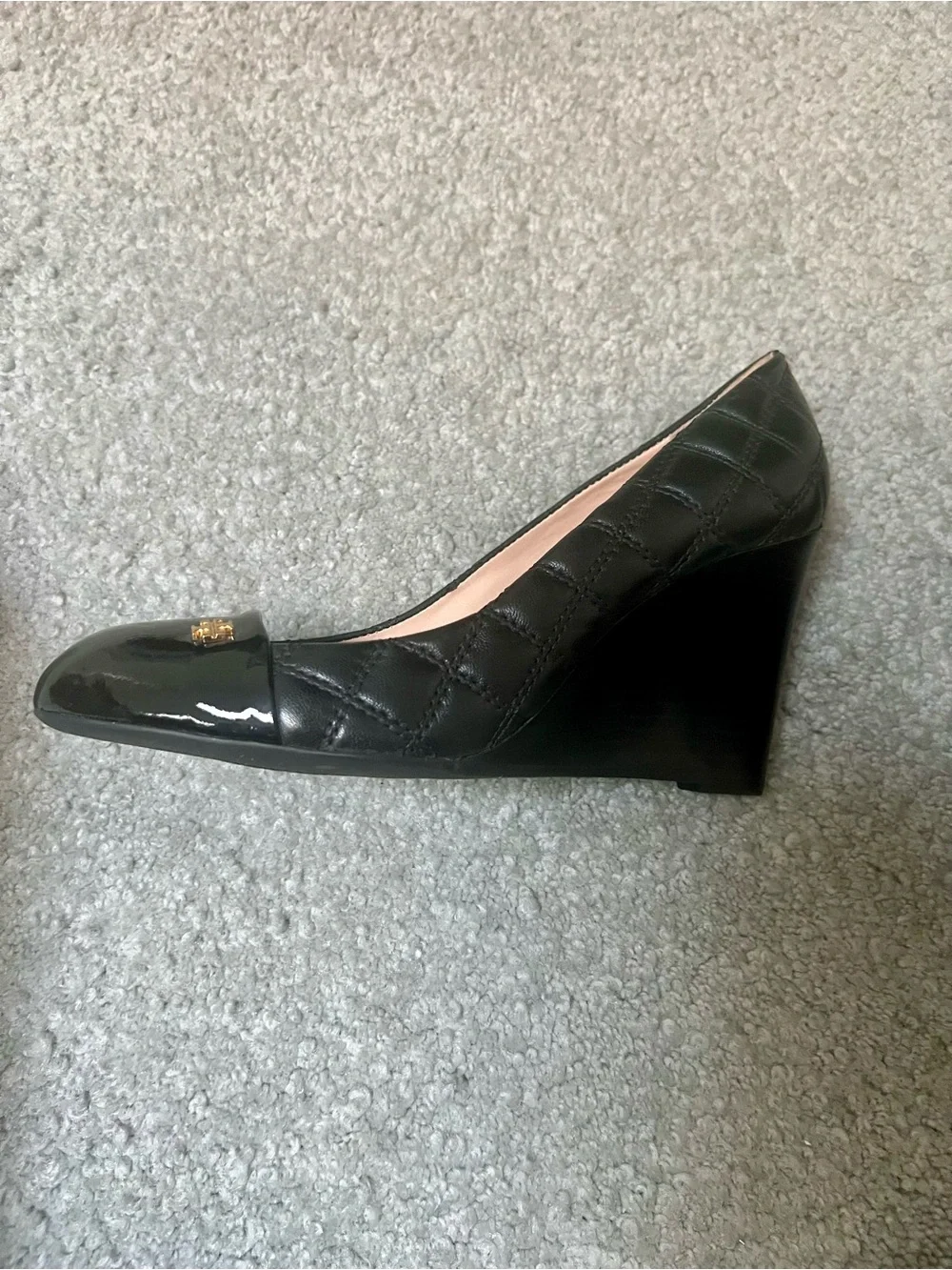 Tory Burch Quilted Patent Cap-Toe Wedge Pumps-Black- 8M